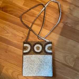 Vintage Hand Beaded Glass Cream and Gold Shoulder/ Crossbody Bag